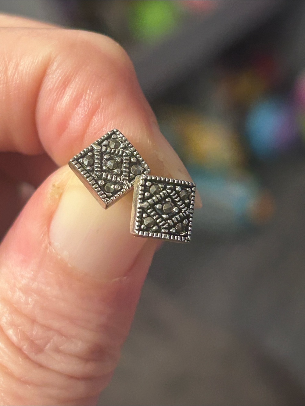 Sterling Silver Marcasite Square Stud Earrings - Silver